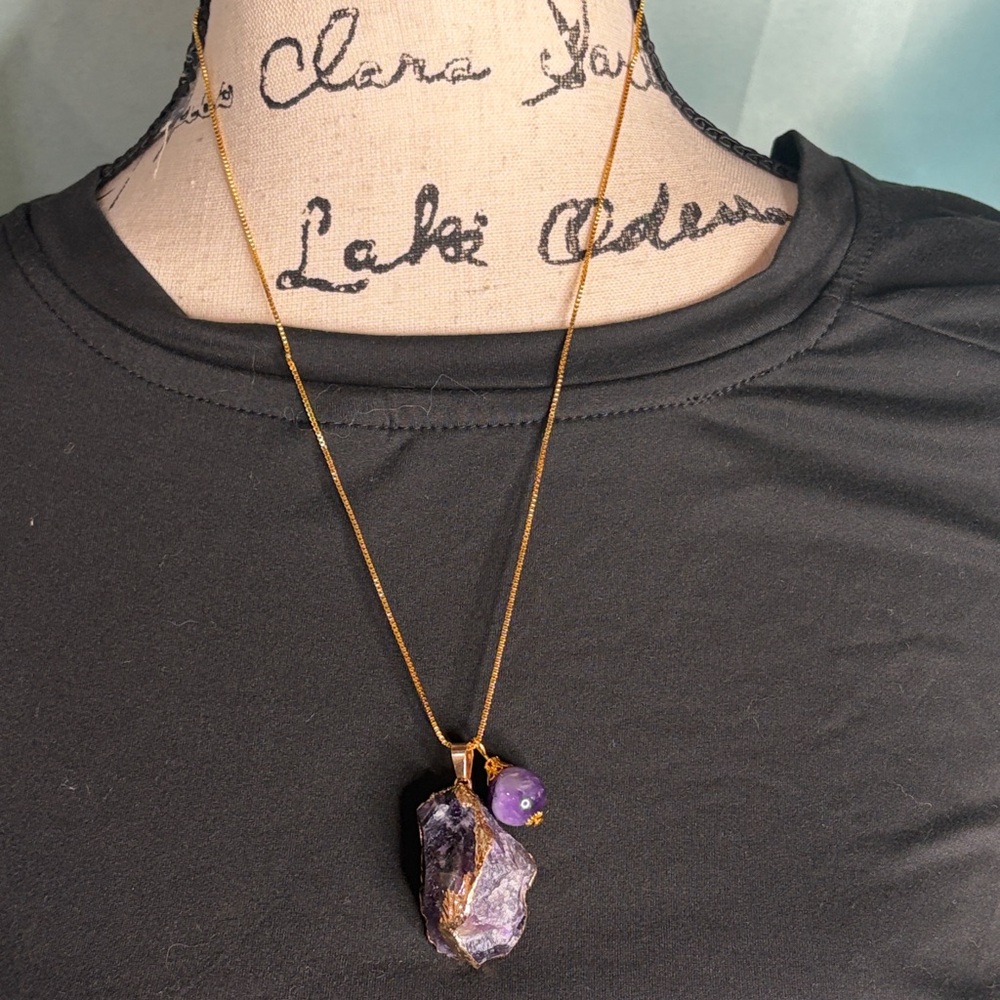 18k Gold P Large Raw Amethyst Pendent Necklace Boho Witchy Luxe Earthy